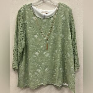 Alfred Dunner Sage Green Floral Lace Blouse with Gold Necklace 3/4 sleeeve 1X #7